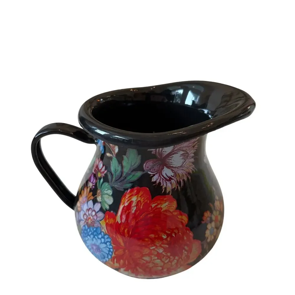 NEW Mackenzie-Childs Black Flower Market Enamel Creamer